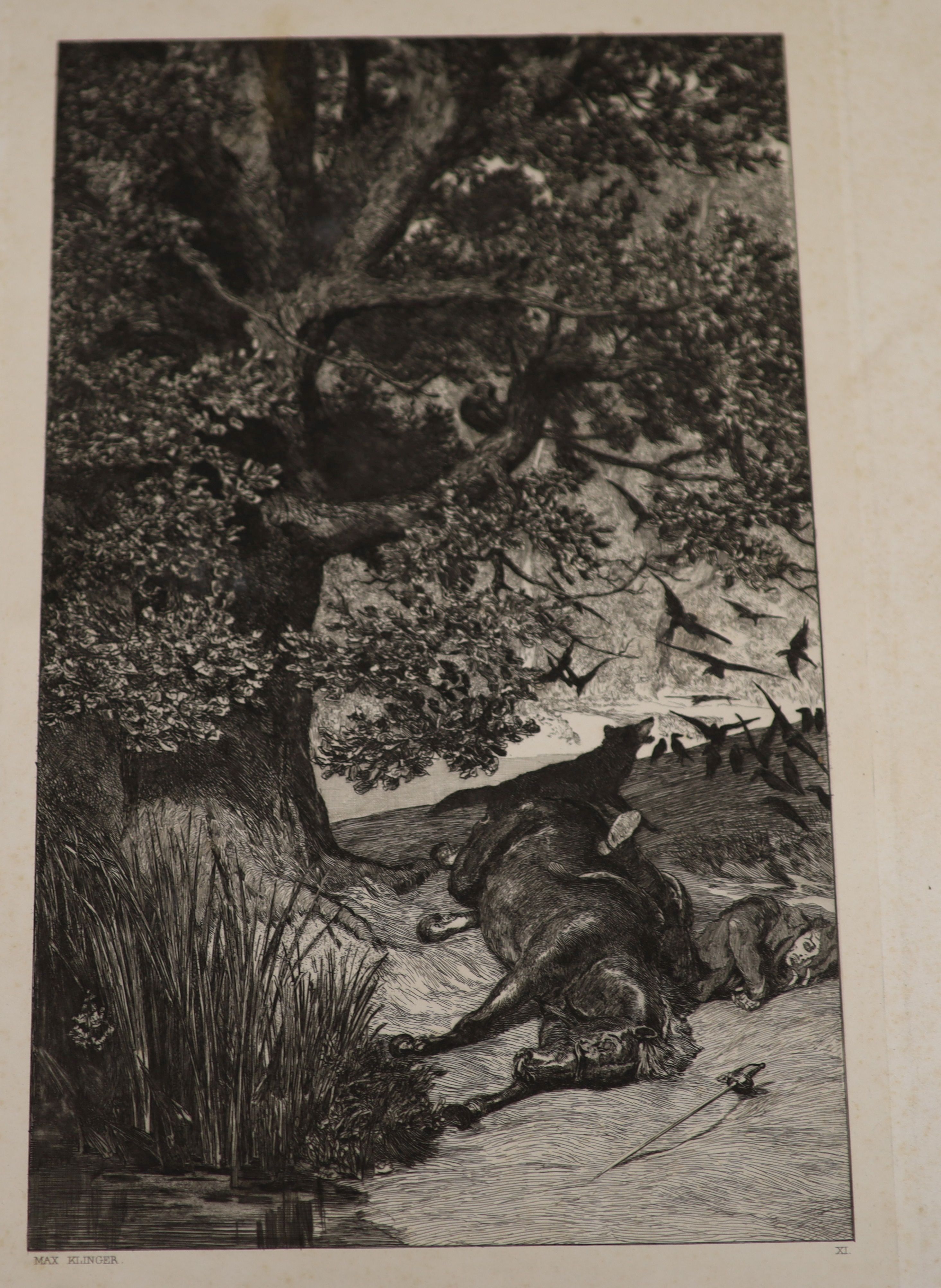 Max Klinger (b.1857), etching, Wolf and dead cavalryman, 32 x 20cm, unframed